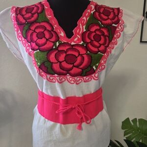 Vibrant Floral Embroidered Blouse - Pink and Green